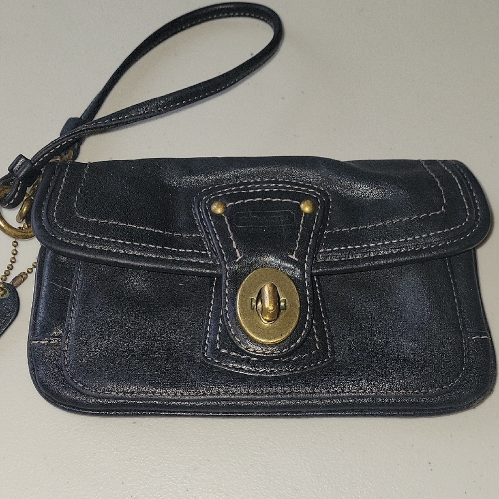 Black Leather Wristlet with Gold Accents